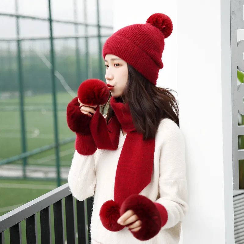 

Women Winter Hat and Scarf Set Winter Gloves Hat Wool Fashion Hairball Solid French Schoolgirls Tourist Taking Pictures