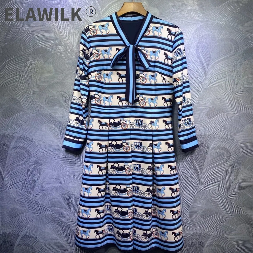 

2021 Spring Women's elegant bowtie Dress France style stripe long sleeves dress B621