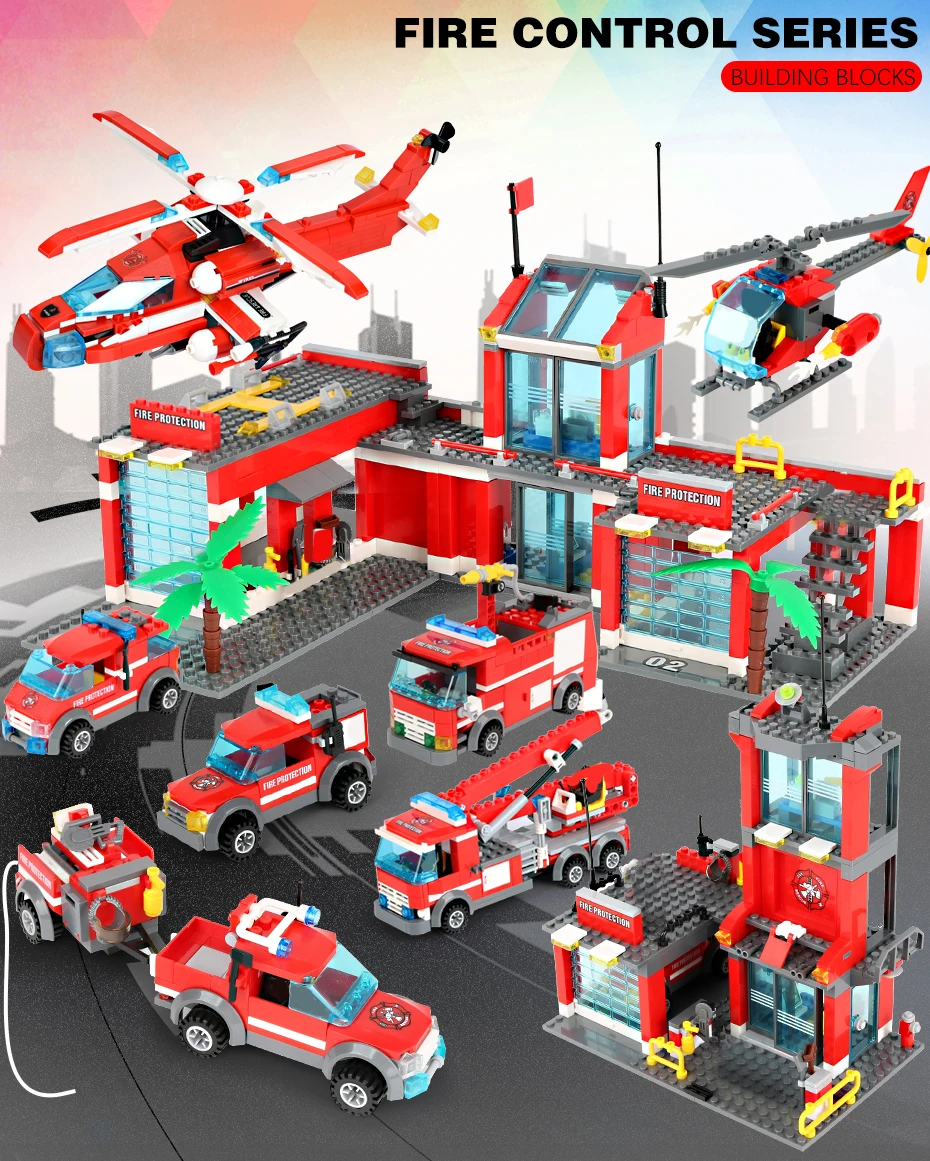 

1123pcs Fire Station Model Building Blocks City Construction Firefighter Truck Educational Bricks Toys For Children Gift
