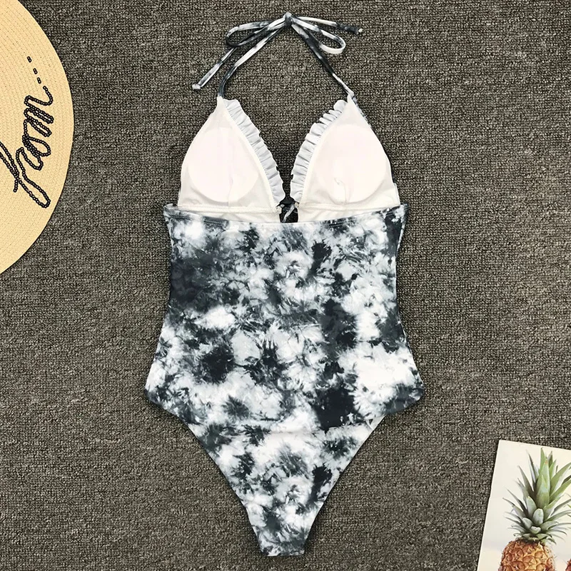 New 2020 Sexy Tie Dye Lace up Female Swimwear One Piece swimsuit Women Deep v neck Monokini High cut Bathing suit Swim Bodysuit