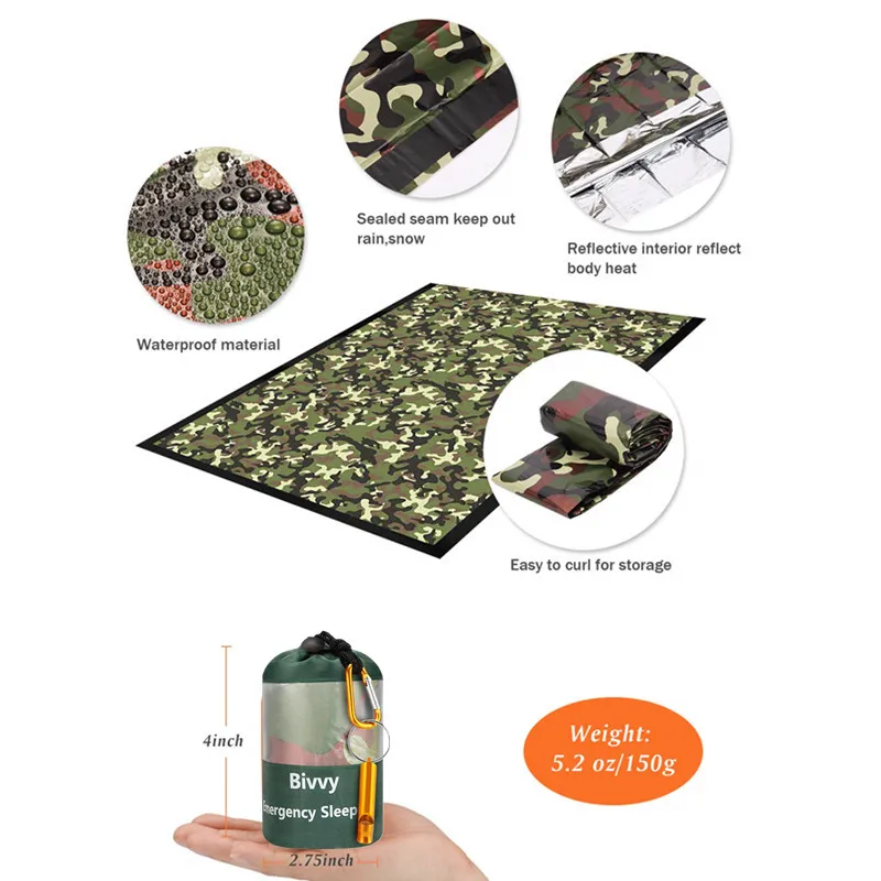 Аварийный Bivy мешок, спальный мешок для выживания, аварийное одеяло для пеших прогулок, кемпинг с портативным мешком на шнурке+ свисток+ карабин