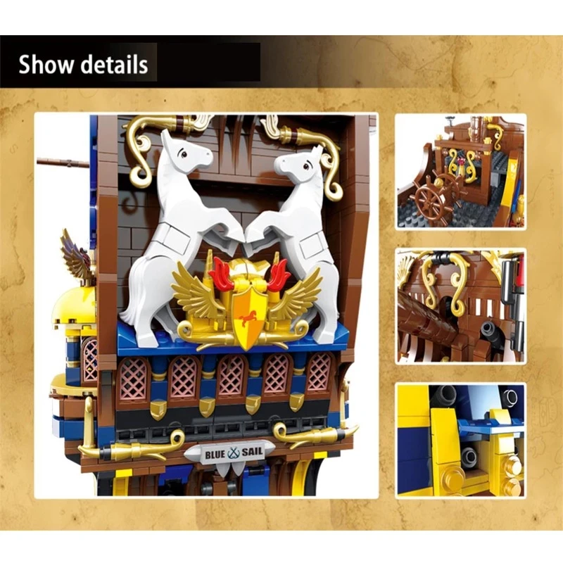 

2021 New Adventure Paddle 3265pcs Bluesail Pirate Ship Building Blocks Big Model Water Transportation Toy 031011 Christmas Gifts