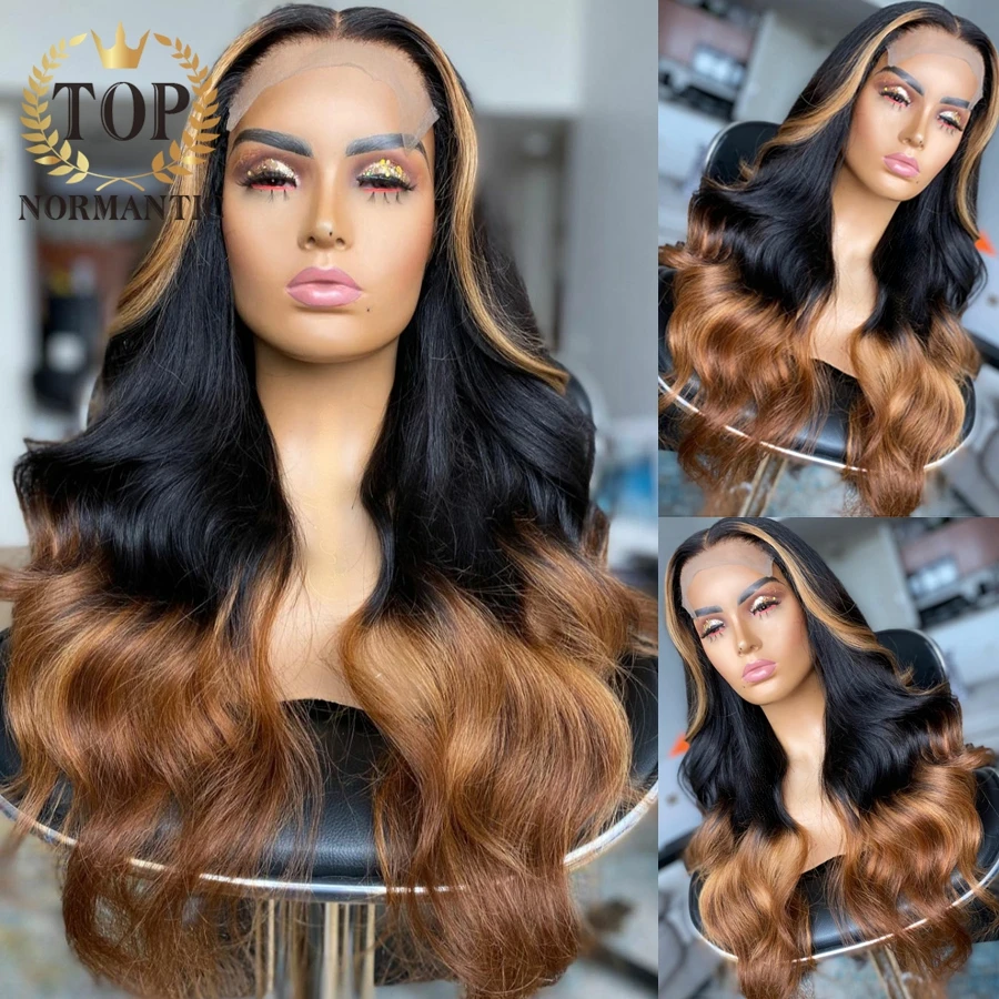 

Topnormantic хайлайтер цвет 13x4 кружевные передние парики для женщин Remy бразильские человеческие волосы волнистый парик предварительно выщипанн...