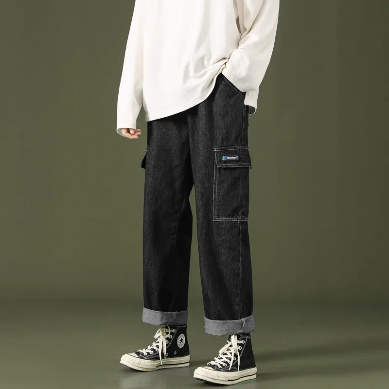 

Autumn Winter Korean Style Jeans Pants Men Big Pockets Casual Straight Cowboy Pants Fashion Blue Loose Wide Leg Pant Trousers