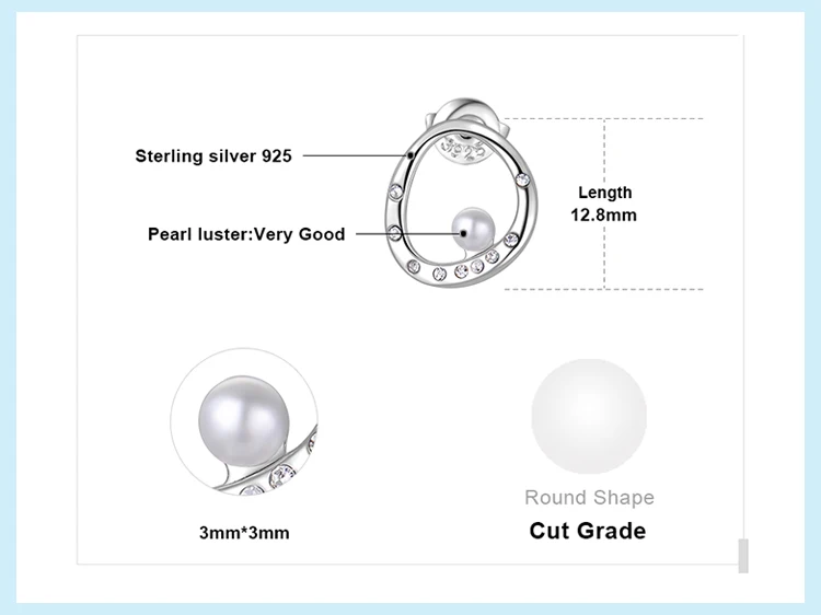 JewelryPalace Modern Art Deco Crystal 3mm Round Shape Shell Pearl Curved Circle Stud Earrings 925 Sterling Silver Trendy Jewelry
