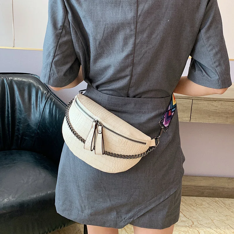 

Fashion Chest Crossbody Bag For Women Chic Color Block Geometric Wide Strap Shoulder Bag Stone Pattern PU Leather Waist Handbag