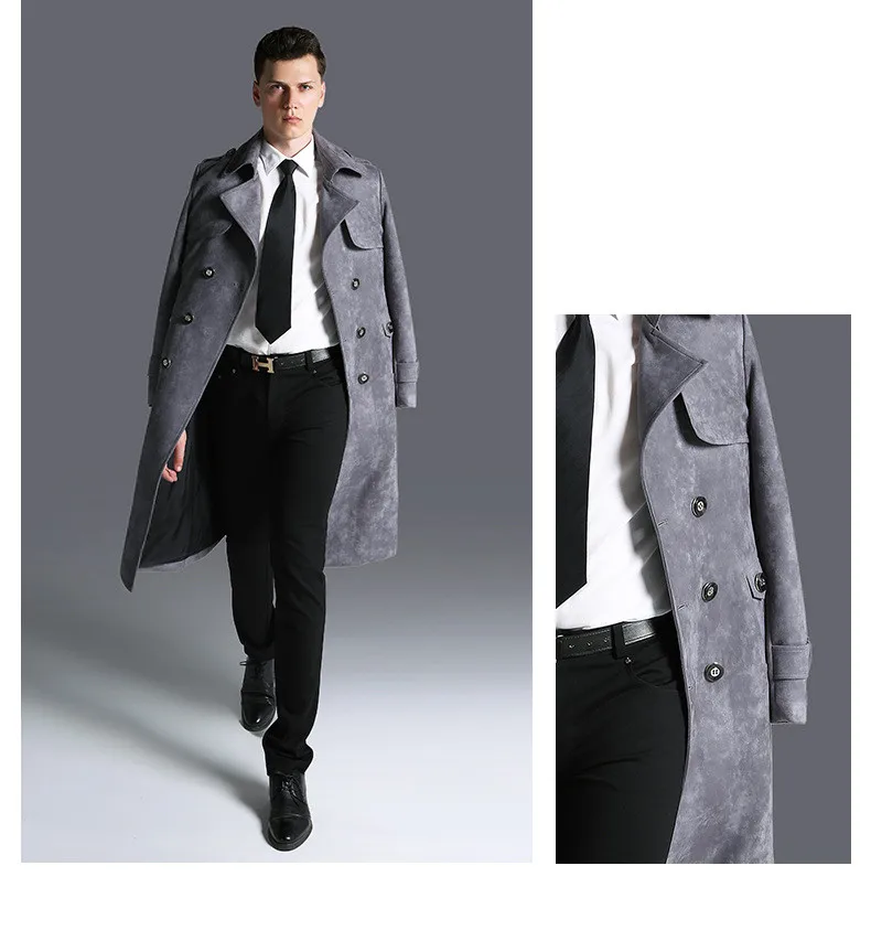 Plus Size Winter Long Jacket Men Suede Windbreaker Mens Black Leather Trench Coat Slim Cloak Male Outerwear Long Coat 5XL 6XL
