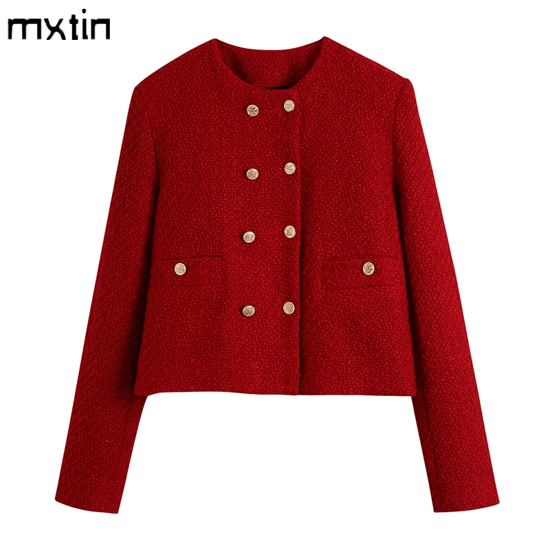 

MXTIN 2021 Women Autumn Vintage Tweed Double Breasted Blazers Suit Fashion O-Neck Pockets Office Lady Business Female Outerwear