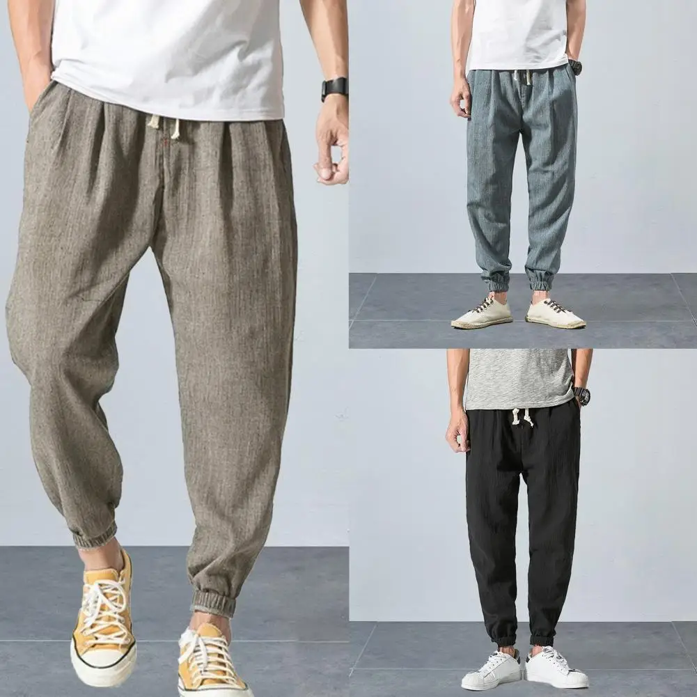 Casual Lightweight Spring Summer Men Joggers Pants Solid Color Drawstring Summer Loose Mid Rise Pockets Trousers for Daily Wear