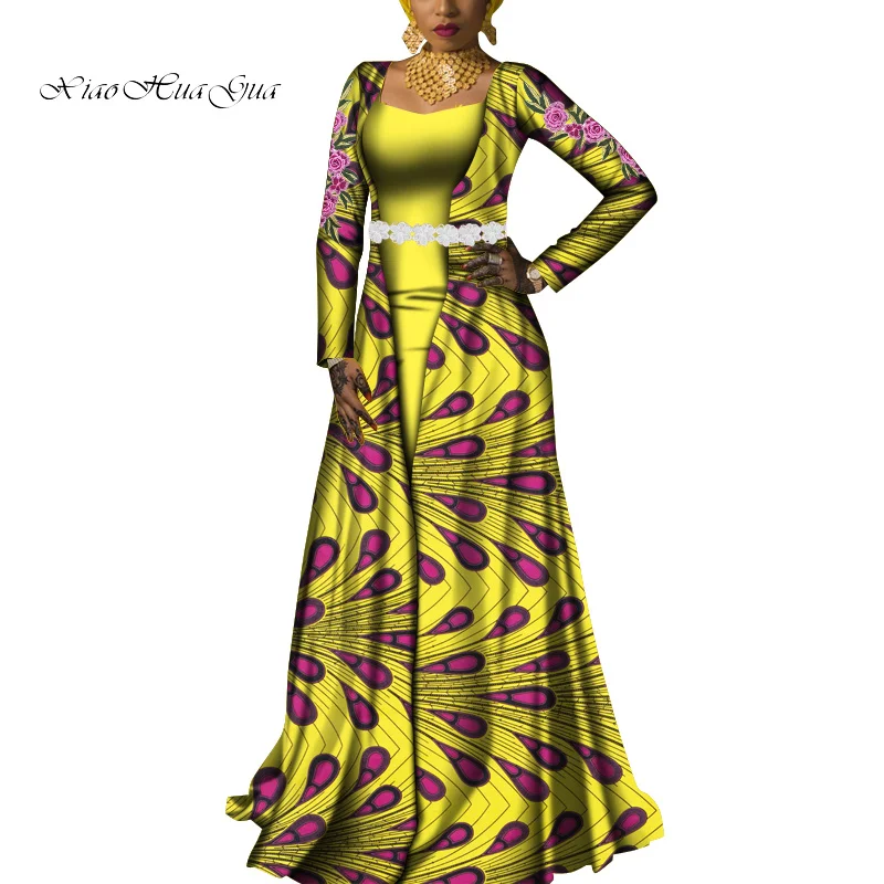 African Clothes for Women Square Neck Robe Africaine Ankara Dresses African Wax Print Clothing Bazin Riche Dashiki Dress WY6756