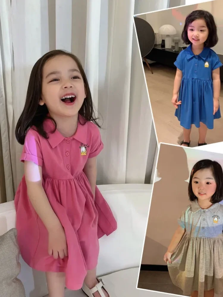 

2-9 Years Old Girls Gray Short-sleeved Cartoon Polo Cotton Lapel Dress 2021 Summer New Children's Baby Girl Casual College Dress