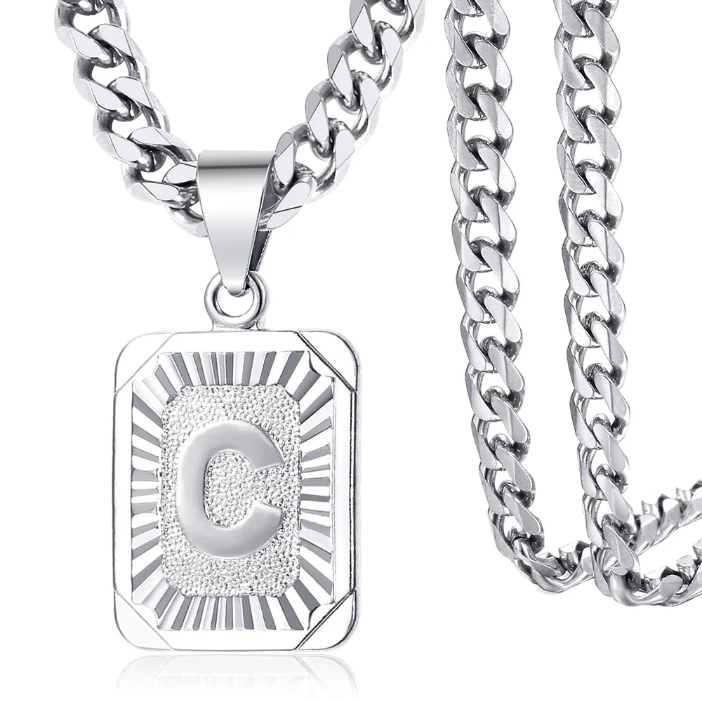 

5mm Silver Color Alphabet Initial Letter A-Z Pendant Necklace for Men Women Stainless Steel Curb Cuban Chain Dropship HGPM11