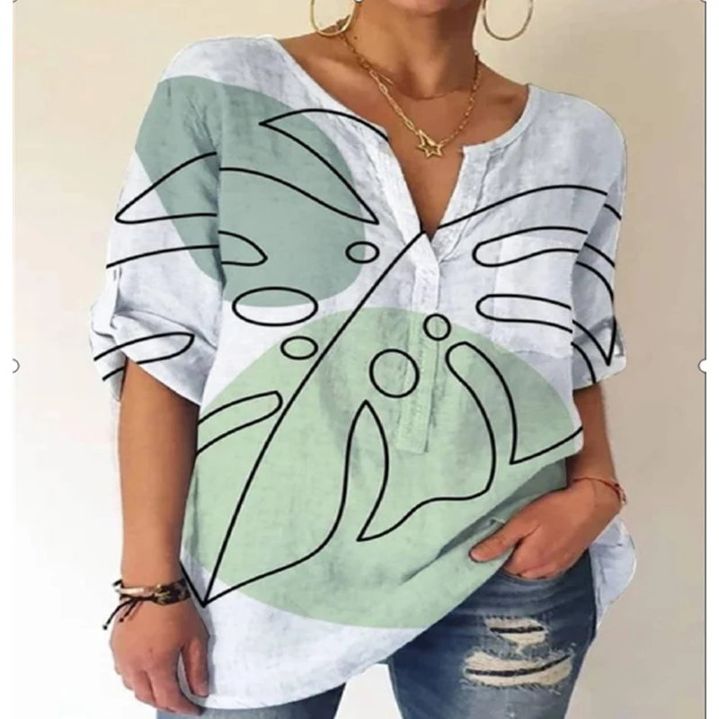 

Spring Print Women Tops V-Neck Loose Long Sleeve Shirts Casual Summer Elegant Female V Neck Basic Ladies Clothing Pullover 2021