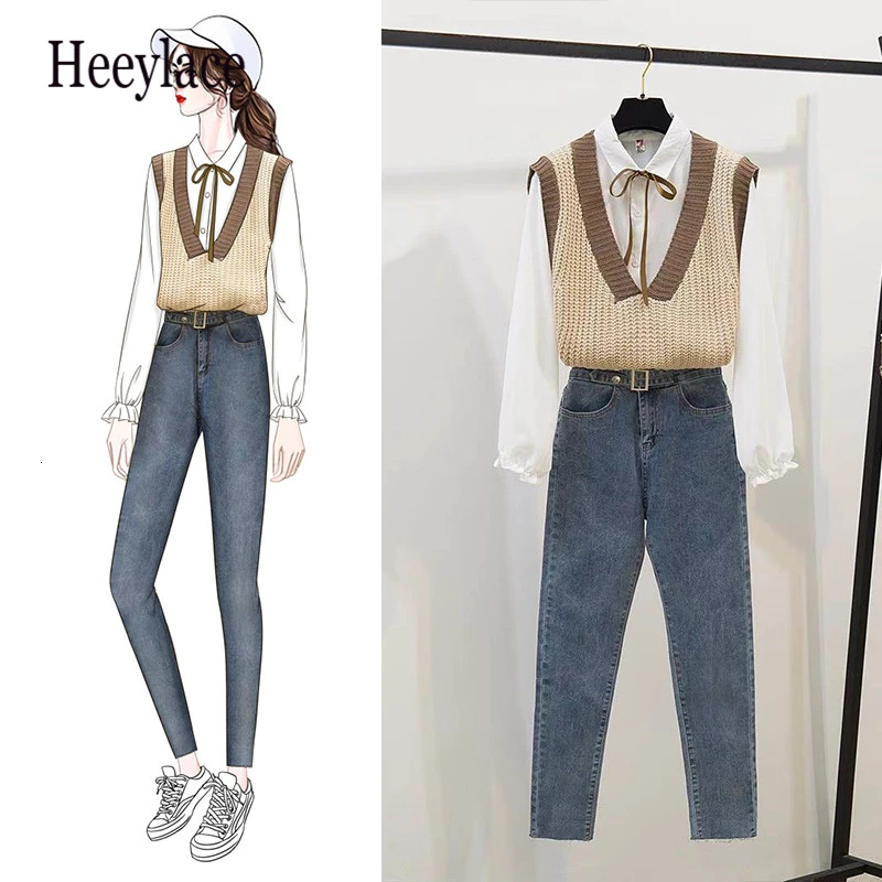 Офисная Женская рубашка жилет вязаные эластичные джинсовые брюки высотой ступни