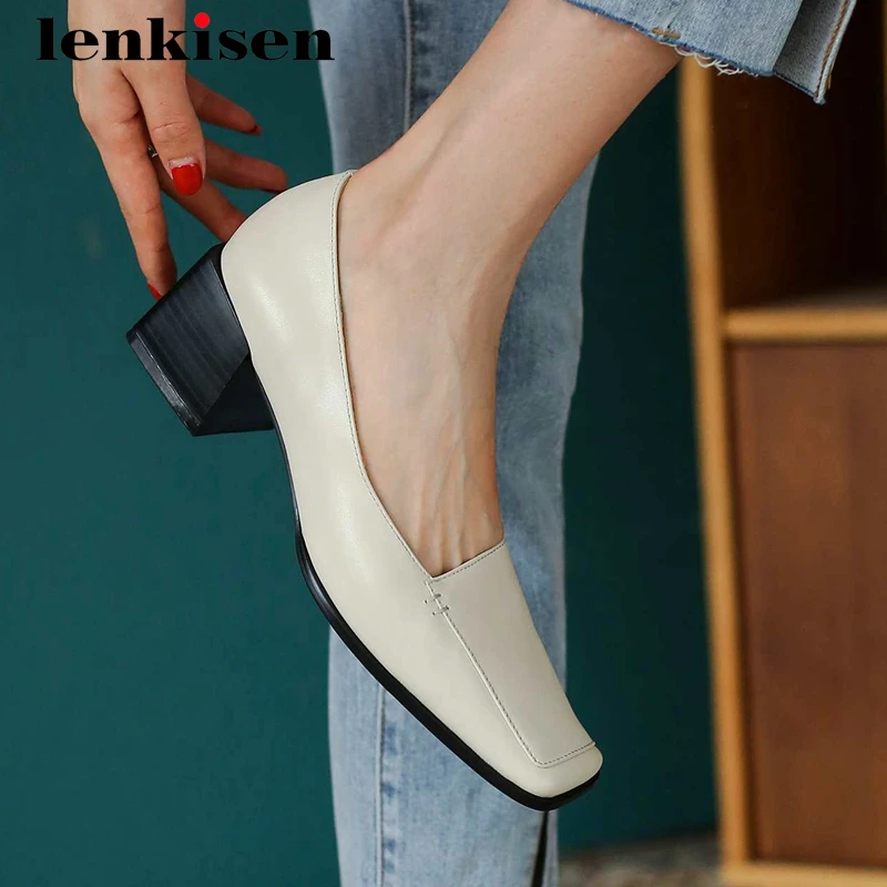 

Lenkisen new gorgeous high quality real leather solid square toe thick med heel slip on office lady daying model women pumps L11