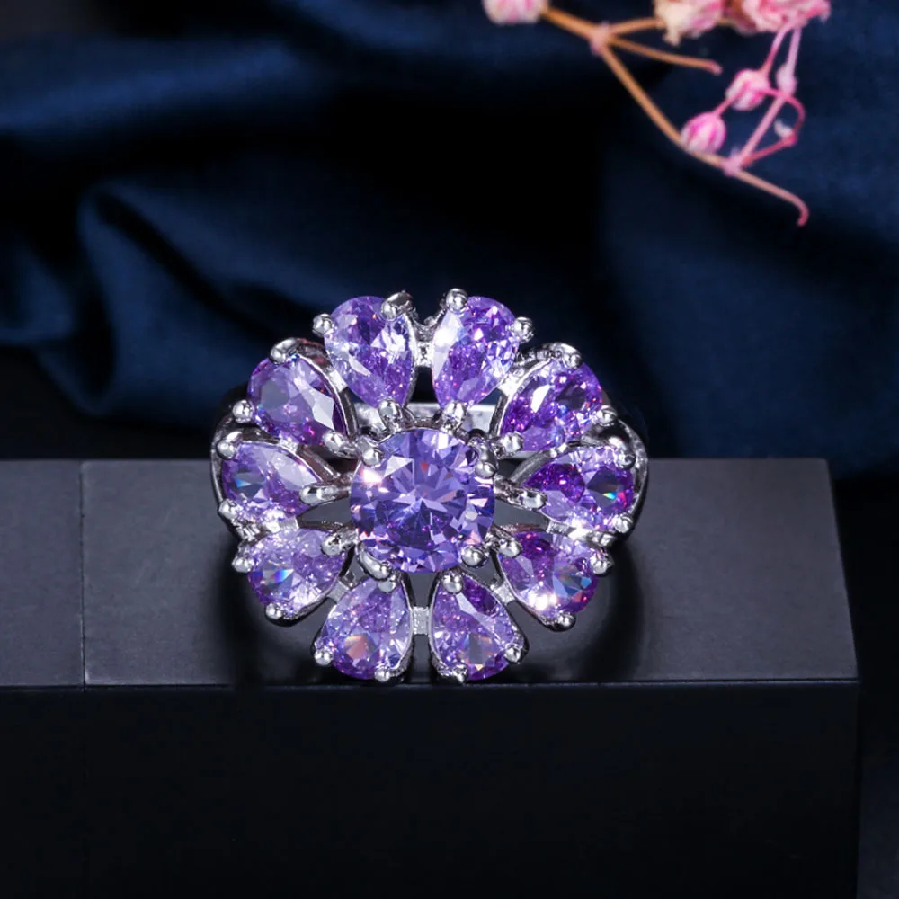 Purple ThreeGraces, 4 варианта цвета, дизайнерские женские кольца с большим цветком от солнца, белые, красные, фиолетовые, желтые женские кольца с камнем, 925 серебряные ювелирные изделия, кольцо RG029 - Цвет основного камня: Purple