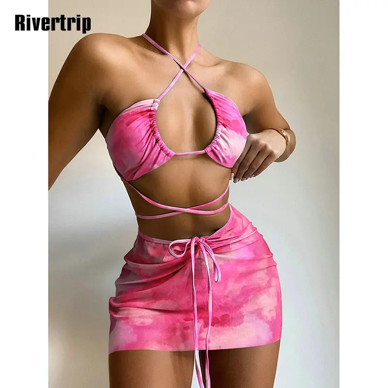 

Rivertrip Tie Dye Swimwear Women Swimsuits Skirt 3 Piece Sexy Bikini Halter String Bathing Suits Female Criss Cross Biquini 2022