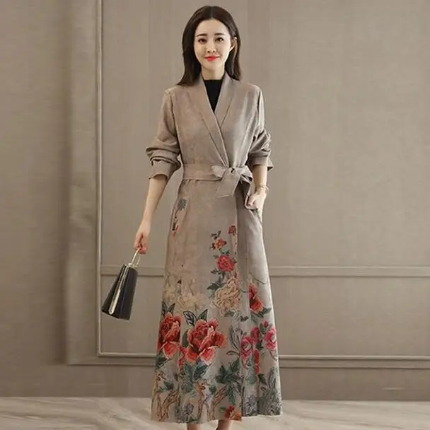 Новый осенний замшевый Тренч с принтом женское длинное винтажное пальто тонкий