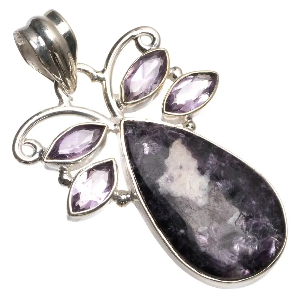 Природный чароит и Аметист Ручной Работы Бохо 925 пробы серебряный кулон 1 1/2 &quotT0004