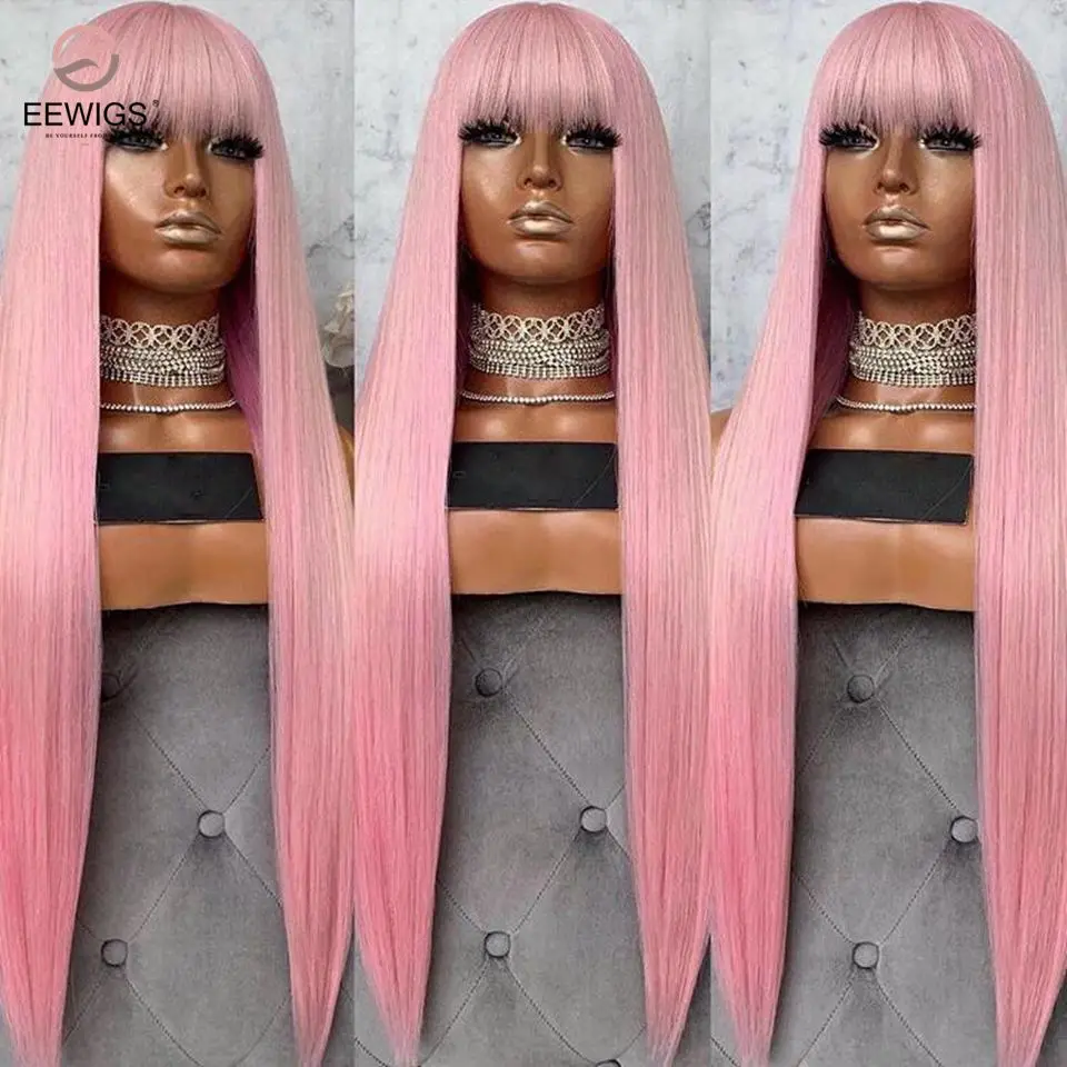 

EEWIGS Long Black Wig With Bangs Platinum Blonde Synthetic Lace Front Wig Pink Red 613 Glueless Heat Resistant Wigs For Women
