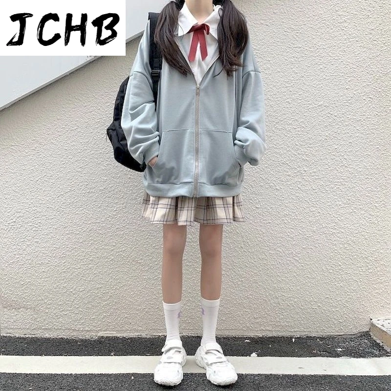 

2021 Pink Zipper Hoodies Sweatshirt Gothic Oversized Hoodie Korean Clothes for Women Autumn Thin Tops Long Sleeve Sweater Preppy