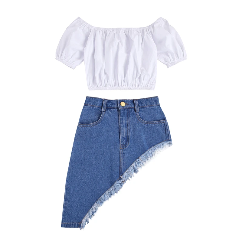 

Комплект из 2 предметов для девочек, рубашка с коротким рукавом и открытыми плечами, топ с оборками на Подоле и юбка из денима с боковым карма...