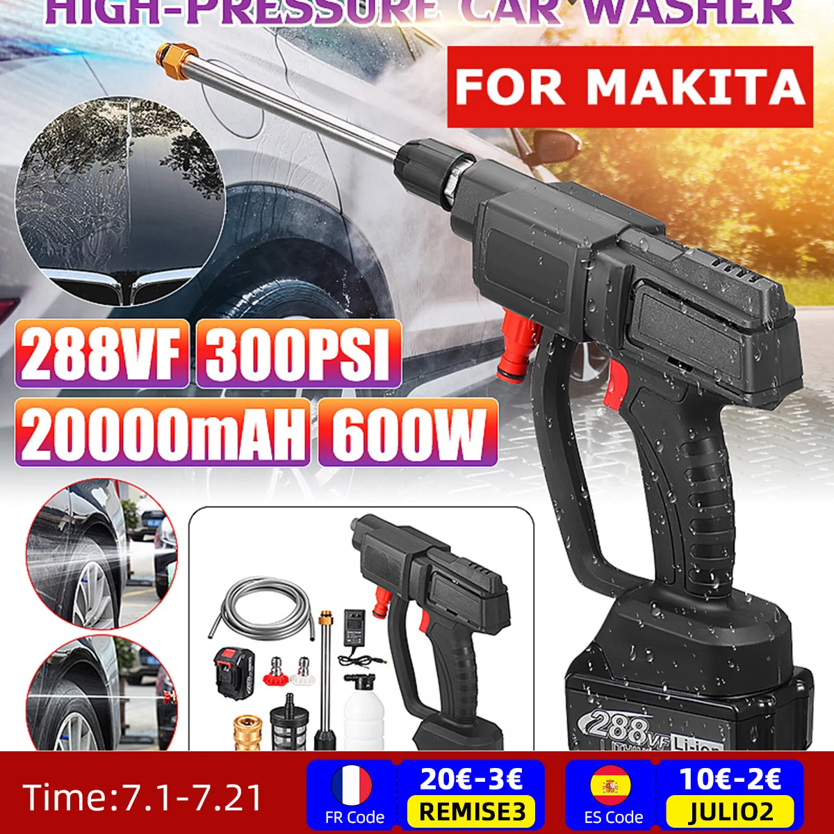 600 Вт 300PSI 20000 мАч Беспроводной Мощный прокладка для стиральной машины водяной