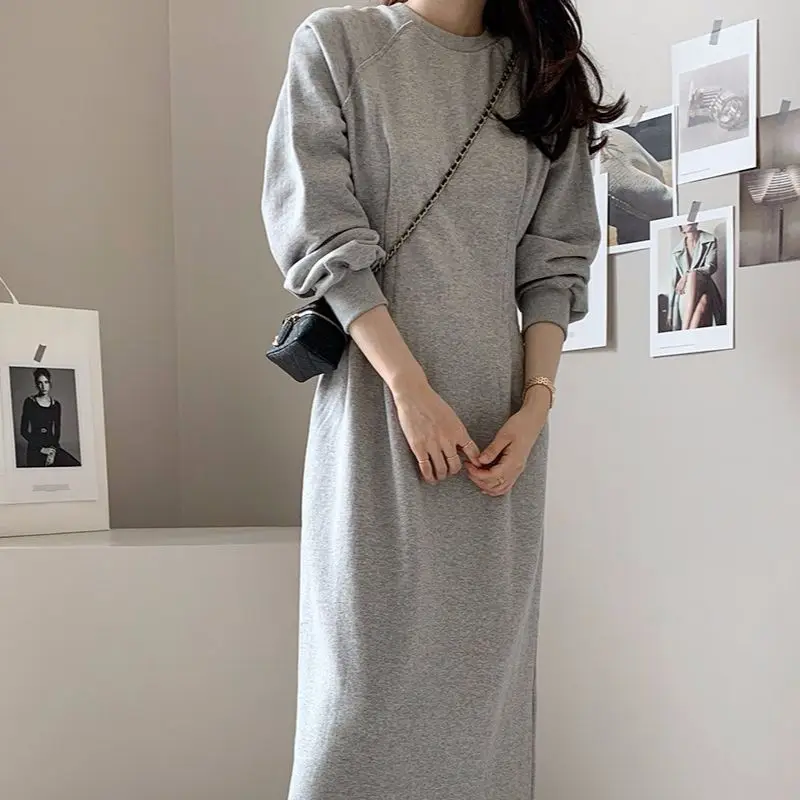 

Women Autumn Winter Long Sleeve Casual Midi Dress Slim Waist Elegant Straight Vestido Femme Fashion Korean Loose Outerwear Robe
