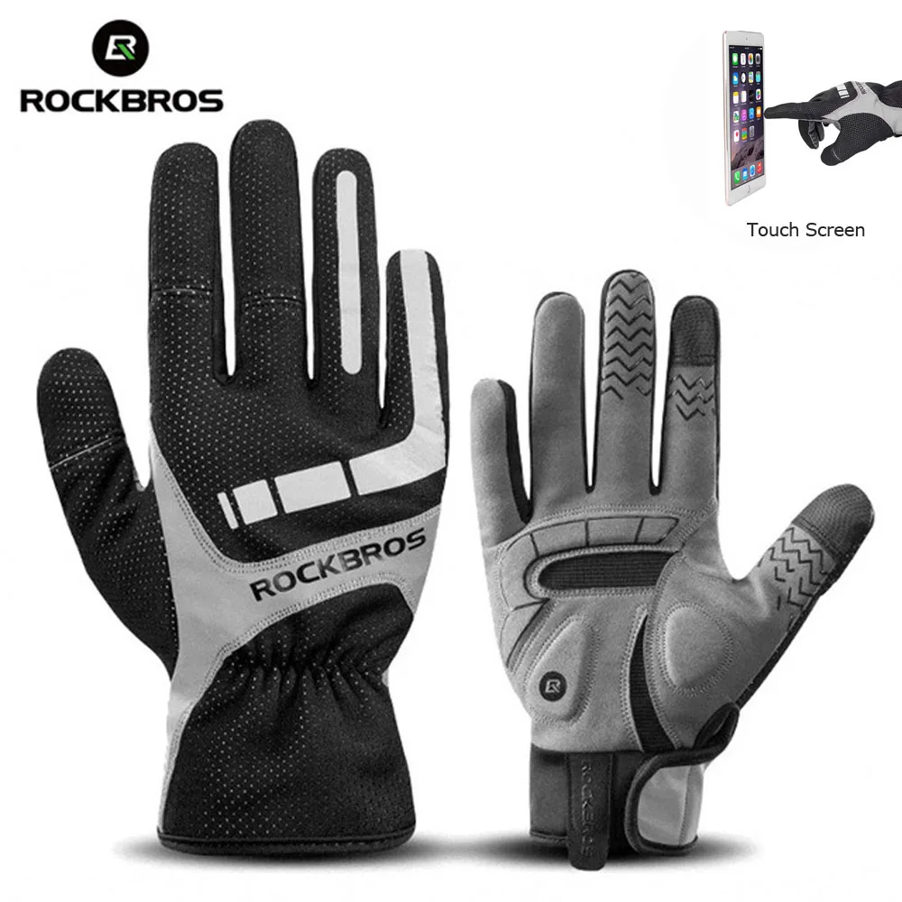 Gray ROCKBROS зимние мотоциклетные перчатки с сенсорным экраном гелевые велосипедные перчатки спортивные противоударные MTB дорожные перчатки для верховой езды на весь палец для мужчин и женщин - Цвет: Gray