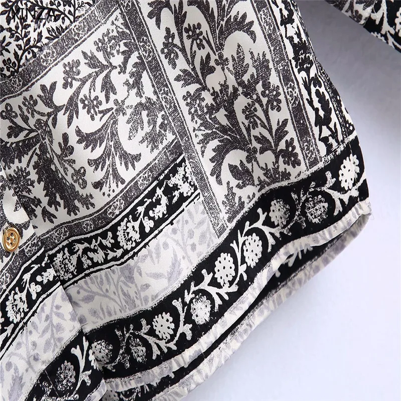 

2021 Za Women Black Print Shirt Traf Long Sleeve Side Vents Vintage Summer Shirts Woman Fashion Buttoned Casual Fitted Top