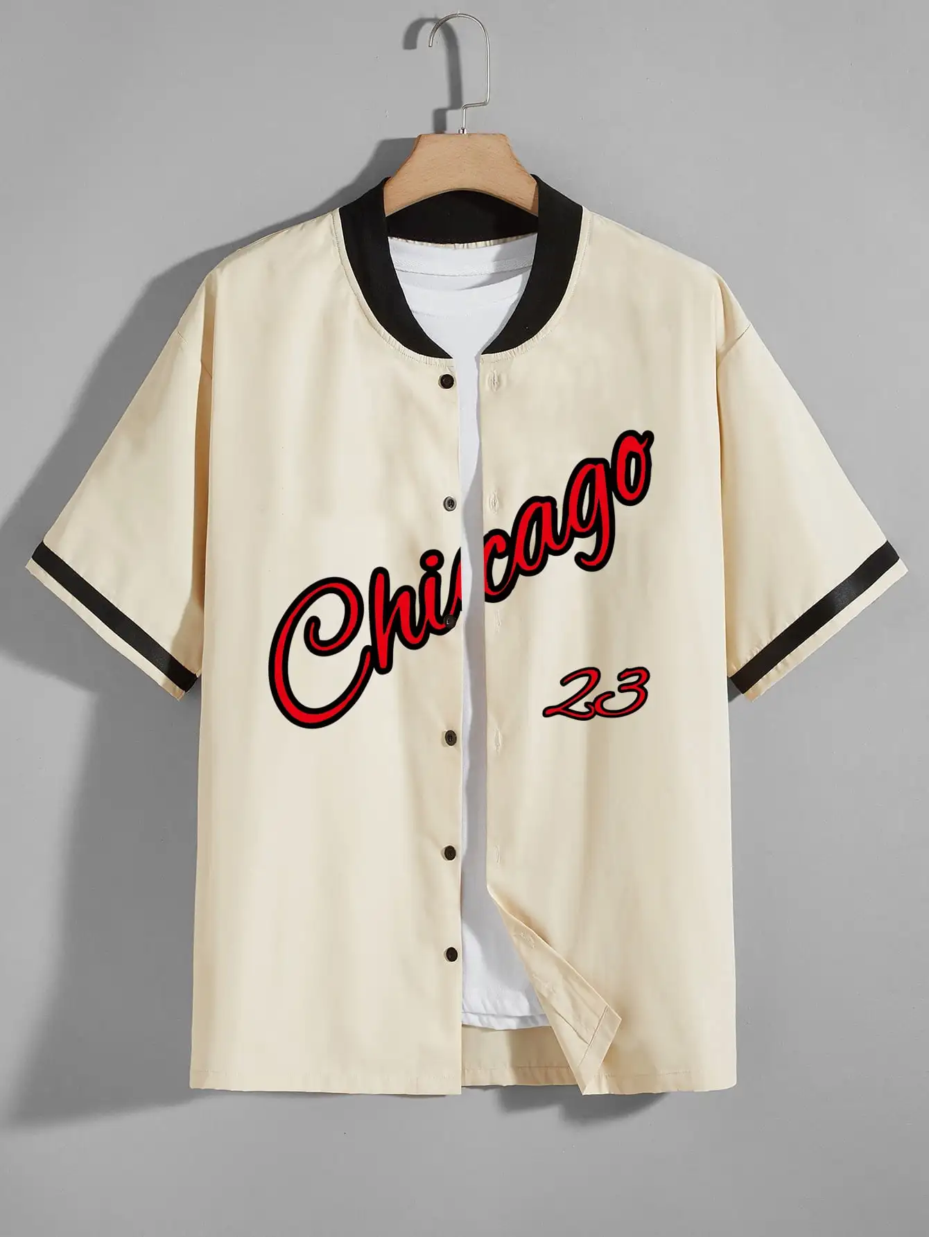 Men Letter Print Graphic Baseball Collar American Streetwear Style Causal Patchwork Plaid Basketball  Shirt