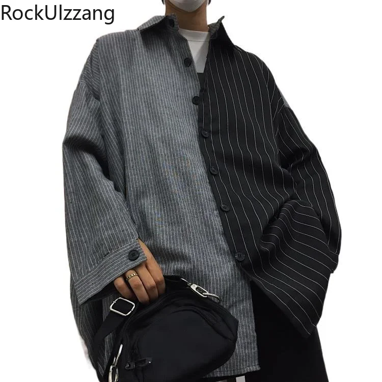 Блузка мужская оверсайз в полоску модная рубашка стиле пэчворк с длинным рукавом