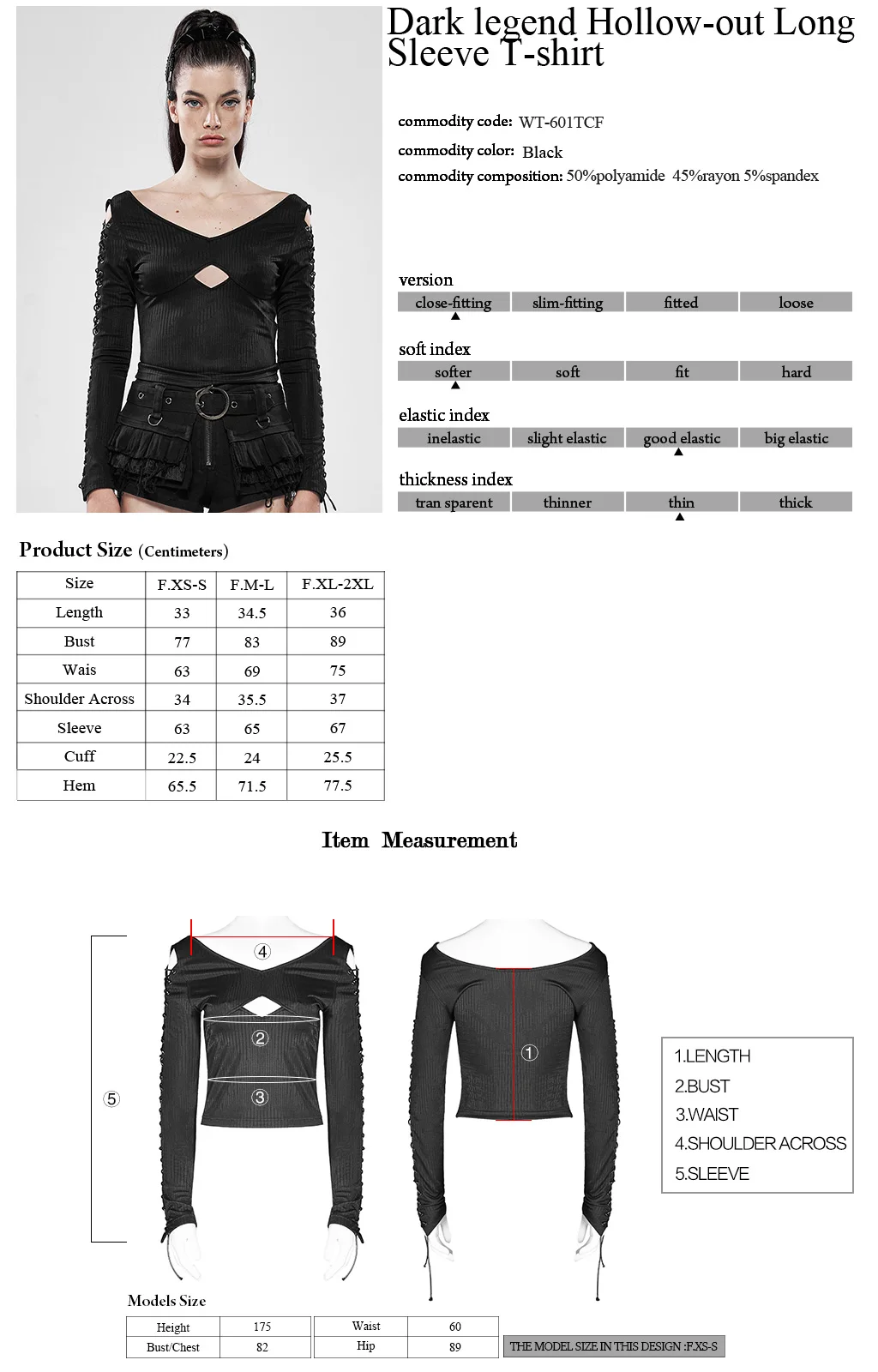 

PUNK RAVE Women Dark Legend Hollow-out Long Sleeve T-shirt Elastic Striped Knit Arge V-neck Sexy Handsome Slim Fit Top