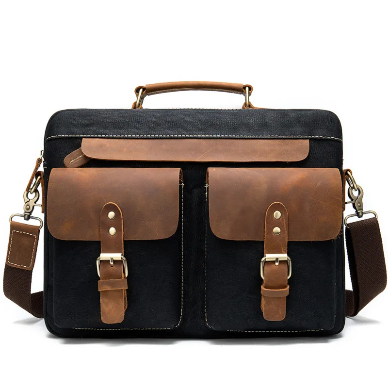

Simple Retro Men Briefcase Bag Crazy Horse Leather Men's Handbags High Quality Shoulder Bags Fashion Business 14 Inch Laptop Bag