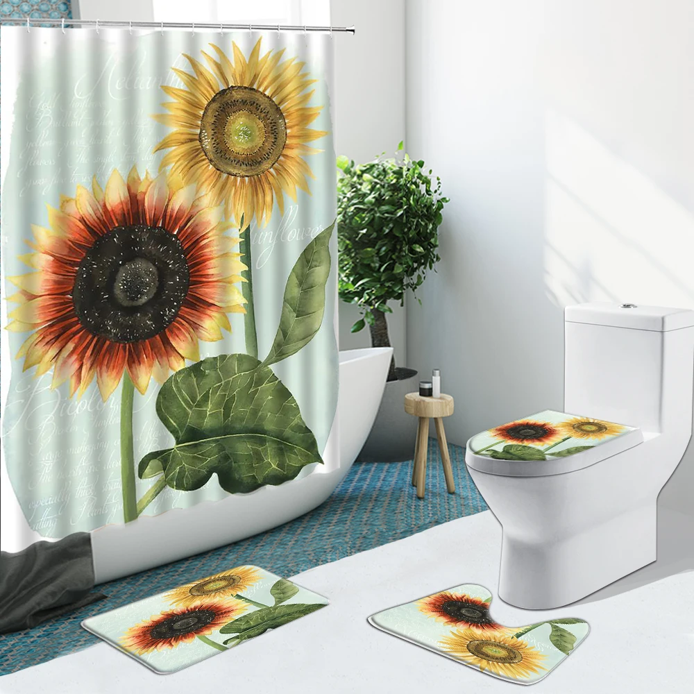 Goede Kleurrijke Rose Zonnebloem Geschilderd Bloem Badkamer Set Douchegordijn Stof Antislip Tapijten Flanel Wc Tapijt Decor Met Haken