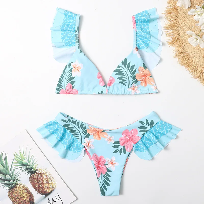 

2021 new ladies swimwear leopard leaf pattern multicolor printing ruffled sexy double-sided bikini set 2 piece sets womens