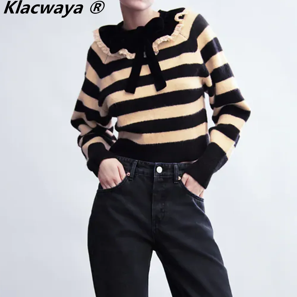

Klacwaya Women Sweater Striped Pullover Vintage Bow Velvet Panel Long Sleeve Top Woman Clothes Back Zipper Sweaters Women Jumper