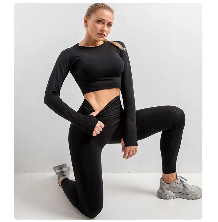 

3pcs Yoga Set Seamless Fitness Leggings With Sports Bra Long-sleeved Trousers Women Track Suits Push Up Pants Running Suits