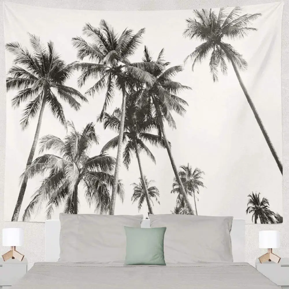 

Black and white silhouette tropical coconut palm cloth Tapestry Wall Hanging Decor Elegant Psychedelic Abstract Carpet Cloth