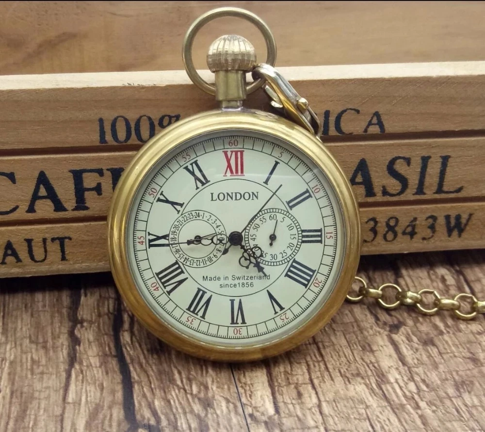 Classic Copper London Pocket & fob Watches Mechanical Watch Hand Wind Skeleton Mens Pocket Watch With Chain Xmas Gifts