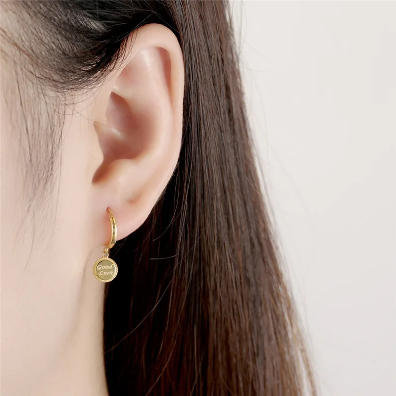 

Women's Fashion Creative Hoop Earrings Good Luck Letters Simple Small Huggie With Round Pendants Charming Ear Piercing Jewelry