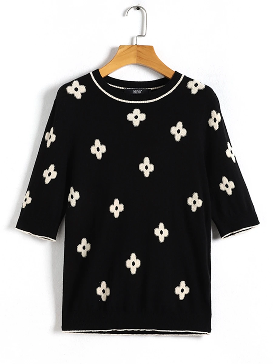 

woolen knitted floral woman knitted tops short sleeve top harajuku kpop korean style woman clothing