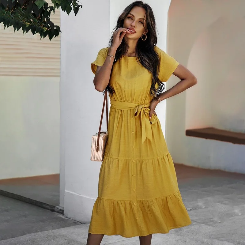 

Women 2021 Spring Summer High Waist Simple Solid Color Dress Women Ropa Mujer Talla Grande Vestido Feminino