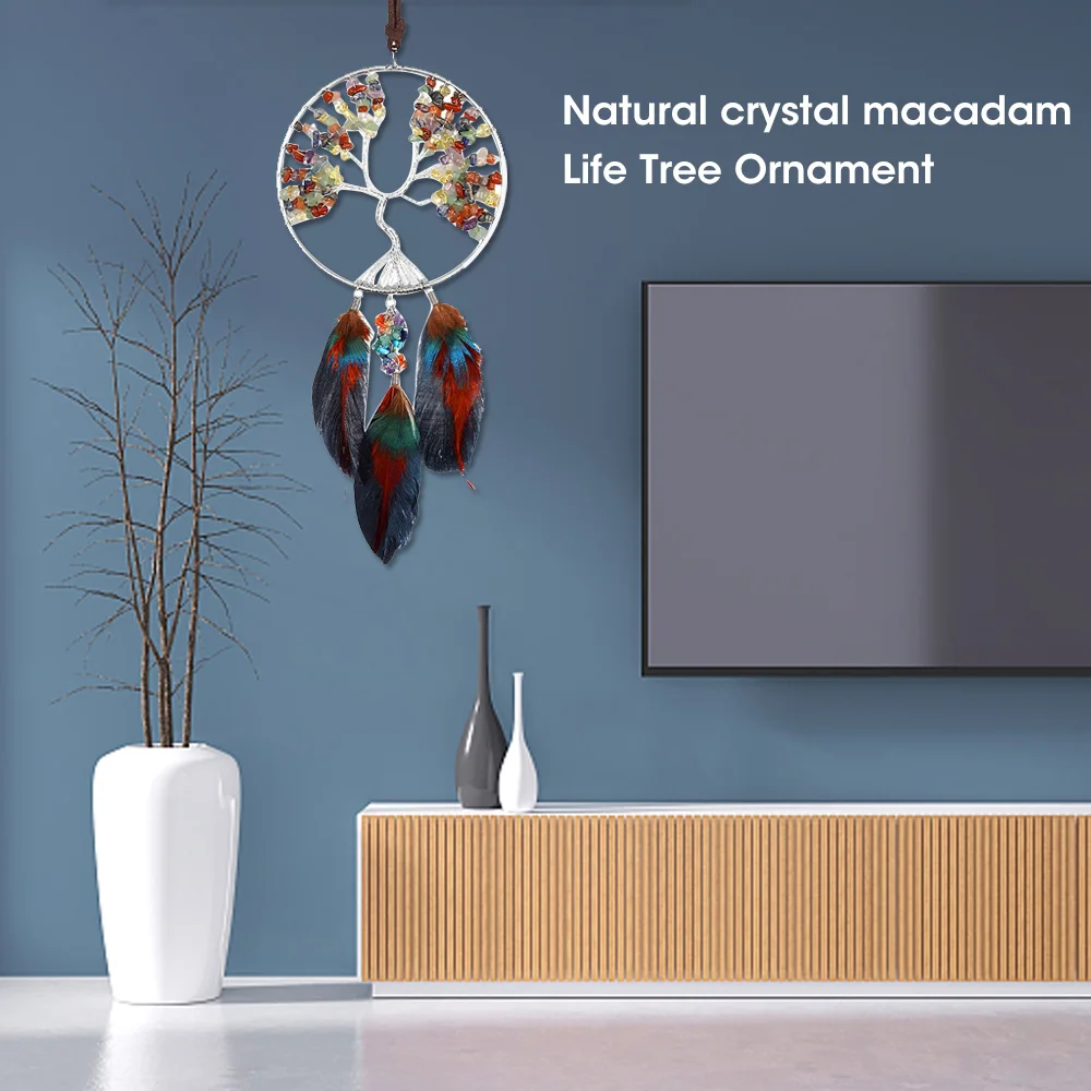 

7 Chakra Tree Of Life Crystal Hanging Ornament Handmade Feather Dream Catcher Wall Hanging For Good Luck Meditation Home