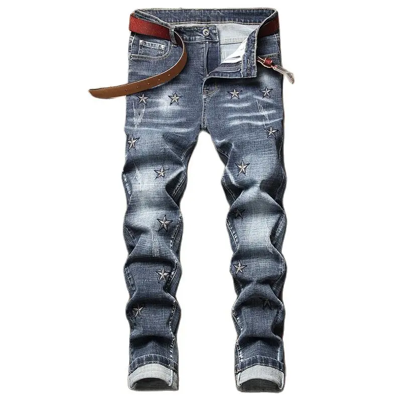 

Весна-Осень 2022, модные высококачественные повседневные Прямые мужские джинсы, узкие мужские джинсовые брюки с вышивкой в виде звезд для под...