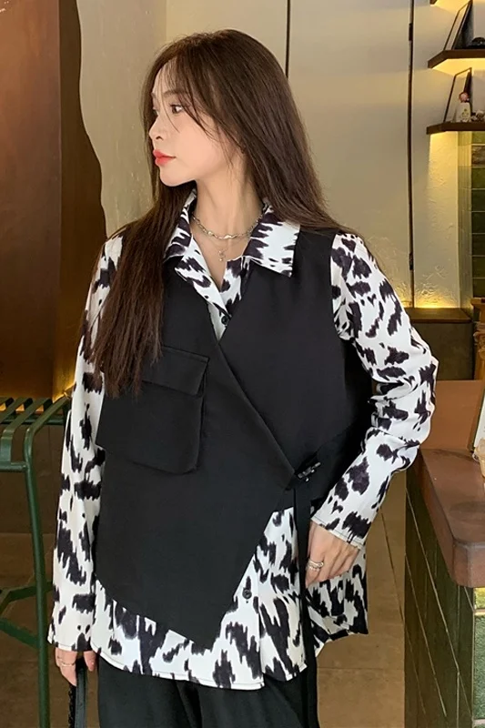 Женская рубашка с длинным рукавом свободная Корейская и принтом ощущение лесной