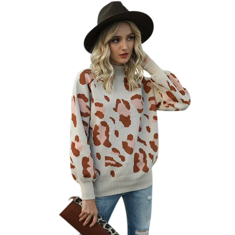 

knitted sweater 2021 fall fashion women Office Lady Leopard turtleneck women sweater
