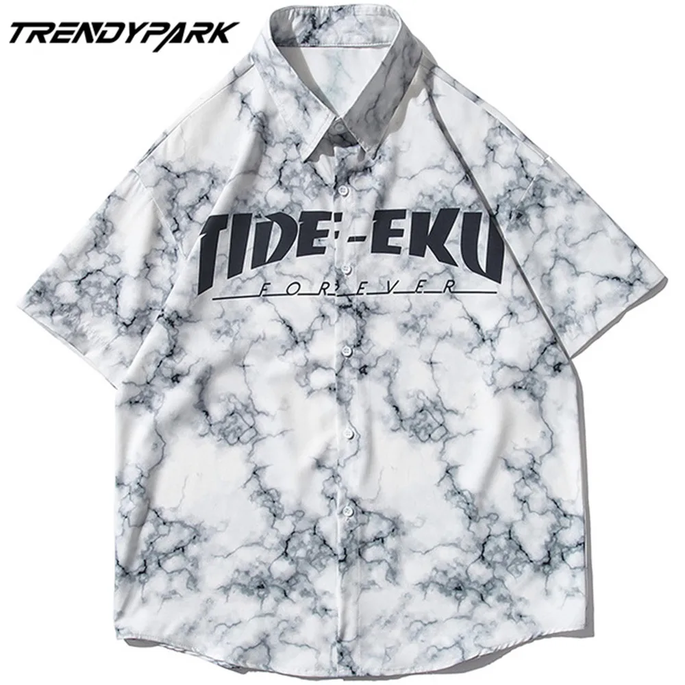 

Men's Shirt Summer Short Sleeve Printed Blouse Hip Hop Oversized Casual Harajuku Streetwear Single-breasted Collar Tops Shirts