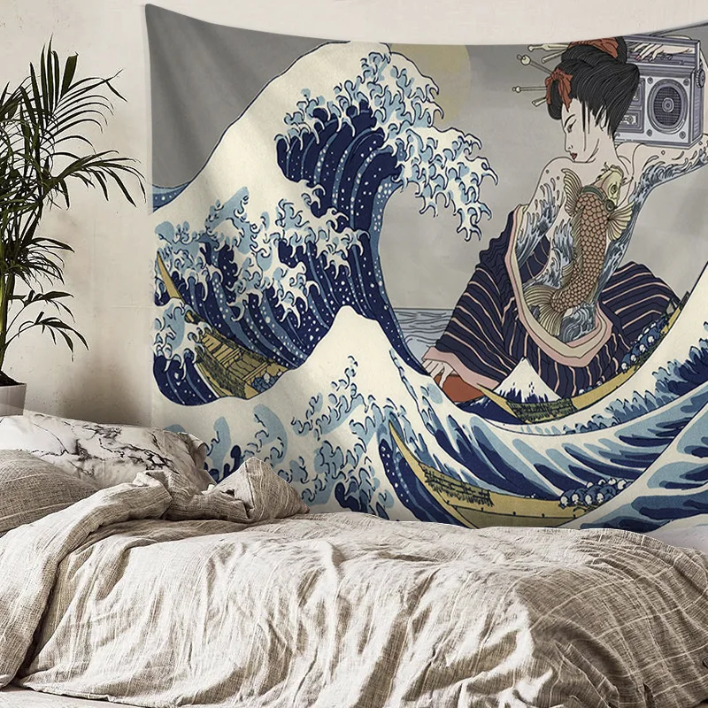

Japanese Kanagawa Wave Tapestry Wall Hanging Ukiyoe Fabric Art Tapestry Aesthetic Blanket Background Tapiz Bedroom Decor AD50WT