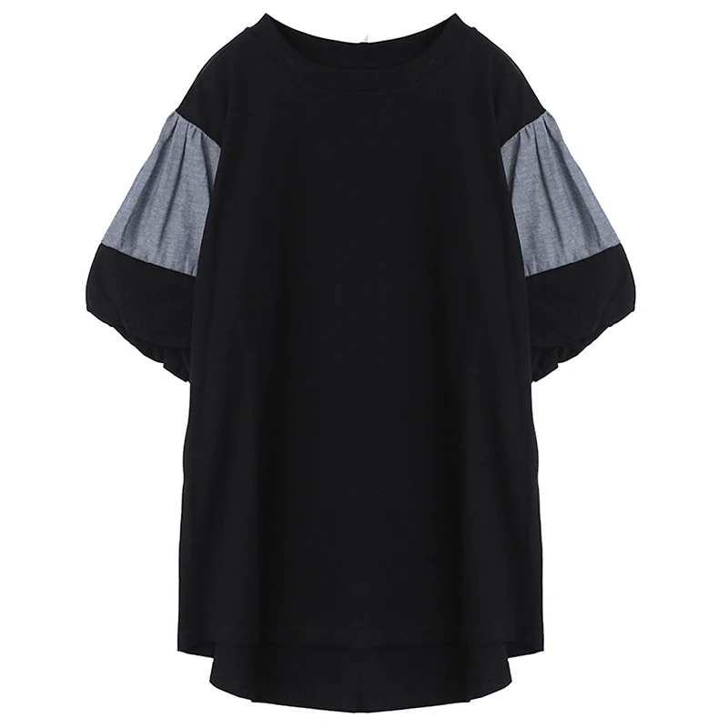 

[EAM] Women Black Contrast Color Big Size T-shirt New Round Neck Short Puff Sleeve Fashion Tide Spring Summer 2021 1DE0568